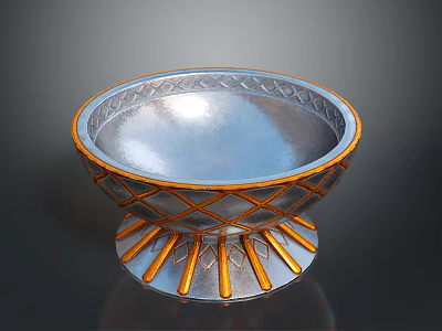 Decorative Silver Bowl With Orange Diamond Pattern Edge And Radial Base Design 3d model