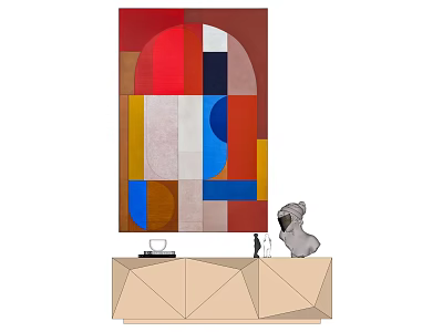 Abstract Painting With Colorful Geometric Shapes And Modern Decorative Sculpture On Table 3d model