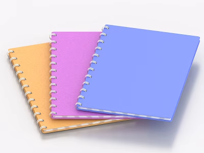 Colorful Spiral Bound Notebooks Stacked In Orange Pink And Blue On White Background 3d model