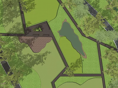 Urban Plaza Landscape Design With Green Lawns Trees Pond And Walkways 3d model