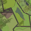 Urban Plaza Landscape Design With Green Lawns Trees Pond And Walkways