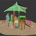 Outdoor Playground Equipment With Green Canopy Red Yellow Structures Slide Ladder And Sandy Ground