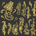 Ornate Golden Decorative Patterns With Floral Swirls On Dark Blue Background