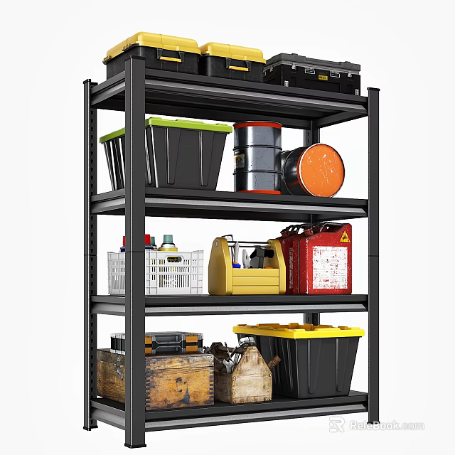 Organized Storage Shelf With Green Lid Bins Yellow Toolboxes Orange Drums And White Plastic Baskets 3d model 