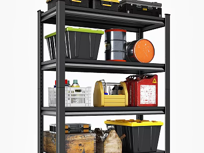 Organized Storage Shelf With Green Lid Bins Yellow Toolboxes Orange Drums And White Plastic Baskets 3d model