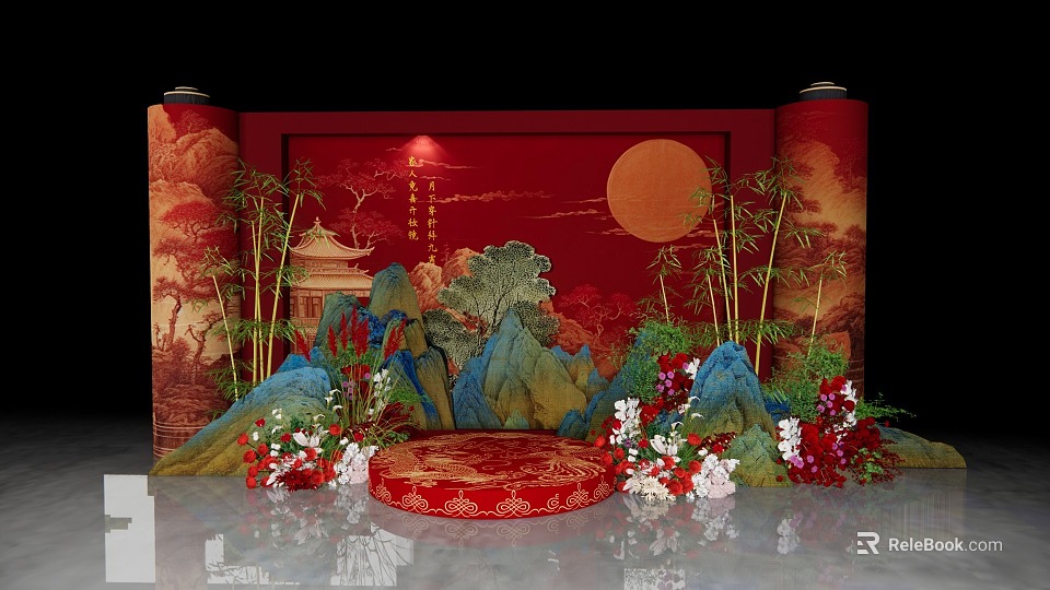 Traditional Chinese Banquet Hall Featuring Red Backdrop Round Moon Scrolls Rock Formations Bamboo And Flowers 3d model 