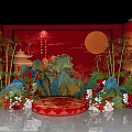 Traditional Chinese Banquet Hall Featuring Red Backdrop Round Moon Scrolls Rock Formations Bamboo And Flowers