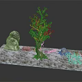 Natural Wood and Stone Decorative Display With Sculpted Tree Rock and Small Ornaments