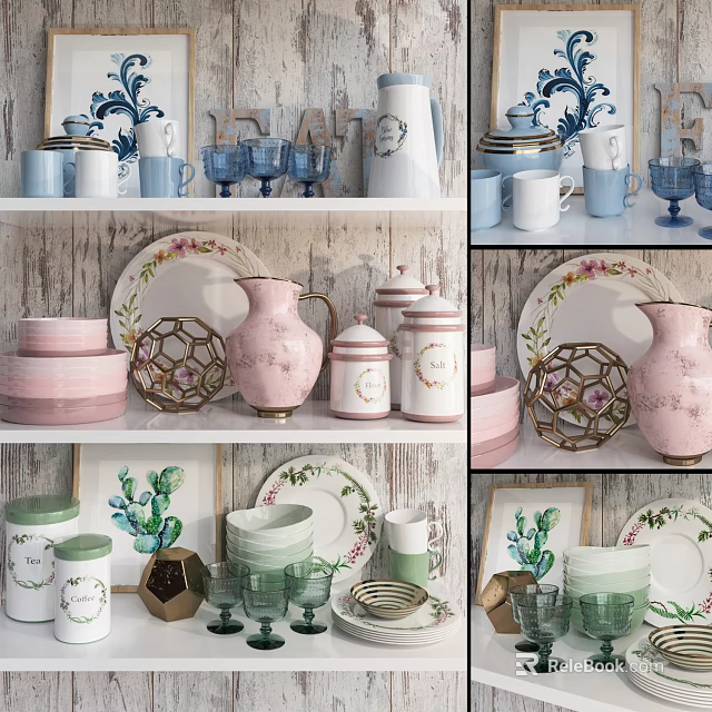 Pink And Green Dinnerware Set With Floral Patterns And Decorative Prints For Shelf 3d model