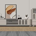 Elegant Modern TV Stand With Decorative Sculptures Vase Abstract Wall Art And Storage Cabinets