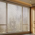 Modern Venetian Blinds Covering Large Window With Wooden Door And Tree View