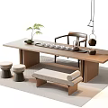 Chinese Style Wooden Tea Table and Chairs with Tea Set Green Plants and Stools