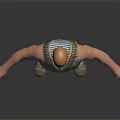 Bald Man in Blue Striped Tank Top with Camouflage Pants Hands by Sides Dark Background