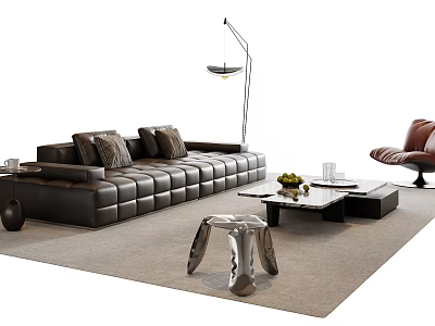 Modern Black Leather Sofa And Coffee Table Set With Cushions Floor Lamp And Accent Chair 3d model
