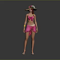 Fashionable Female Character Wearing Pink Polka Dot Outfit With Floral Hat And Sandals