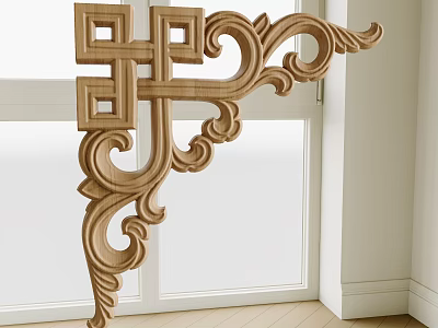 Wooden Carved Ornament With Intricate Patterns Displayed In Indoor Room With Window 3d model