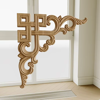Wooden Carved Ornament With Intricate Patterns Displayed In Indoor Room With Window 3d model