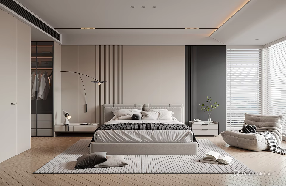 Modern Bedroom Interior Design With Bed Nightstands Floor Lamp Wardrobe And Blinds 3d model 