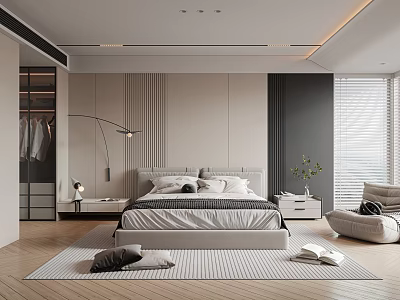 Modern Bedroom Interior Design With Bed Nightstands Floor Lamp Wardrobe And Blinds 3d model
