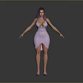 Woman With Purple Hair In Tight Pink Deep V Neck Slit Dress And Purple Heels