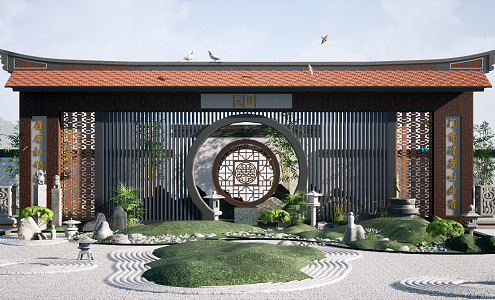 Chinese style landscape sketch outdoor landscape pavilion flowing water plants flowers and plants 3d model