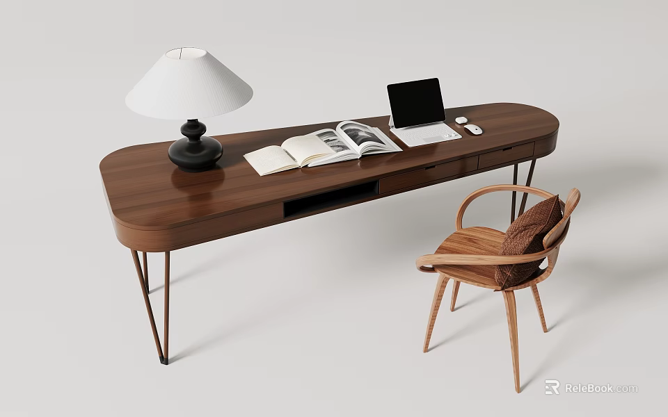 Modern Wooden Desk With Walnut Finish Lamp Open Book Laptop And Chair 3d model 