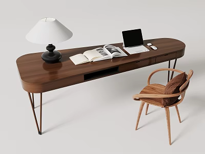 Modern Wooden Desk With Walnut Finish Lamp Open Book Laptop And Chair 3d model