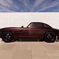 Vintage Maroon Sports Car On Light Tiled Floor With White Brick Wall And Blue Sky