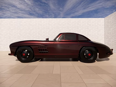 Vintage Maroon Sports Car On Light Tiled Floor With White Brick Wall And Blue Sky 3d model