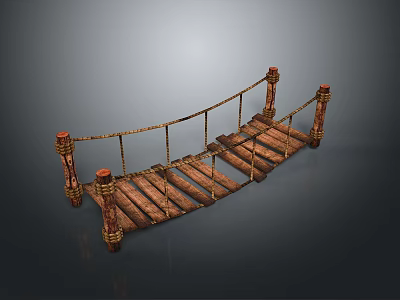 Wooden Garden Bridge With Rustic Rope Railings And Decorative Support Posts 3d model