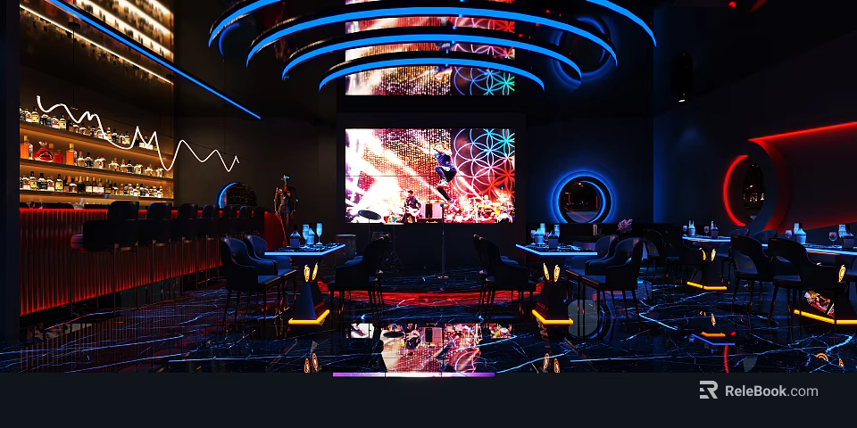 Modern Bar Interior Design With Neon Lights Large Screen Circular Decorations And Tables 3d model 