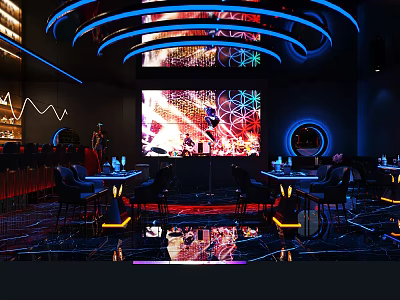 Modern Bar Interior Design With Neon Lights Large Screen Circular Decorations And Tables 3d model