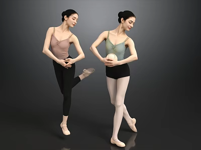 Two Ballerinas Practicing Ballet Poses In Leotards Tights And Ballet Shoes 3d model