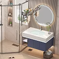 Modern Bathroom Set With Glass Shower Enclosure Vanity Sink Lighted Round Mirror And Storage Shelves