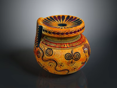 Handcrafted Decorative Ceramic Jar With Vibrant Painted Patterns Spiral Designs On Floral Rim 3d model