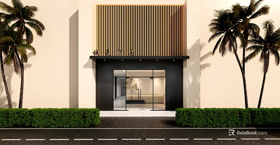 Modern Storefront With Wooden Slat Facade Black Framed Glass Door Green Shrubs And Palm Tree 3d model 