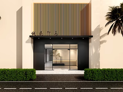 Modern Storefront With Wooden Slat Facade Black Framed Glass Door Green Shrubs And Palm Tree 3d model
