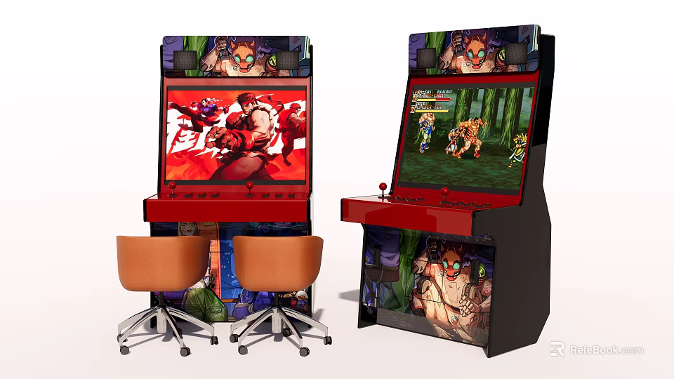 Vintage Entertainment Arcade Machine With Colorful Game Screens And Matching Chairs 3d model 