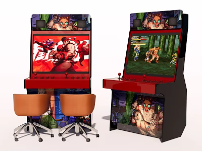 Vintage Entertainment Arcade Machine With Colorful Game Screens And Matching Chairs 3d model