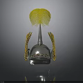 Metallic Helmet With Yellow Feather Top Side Structures And Red Dots