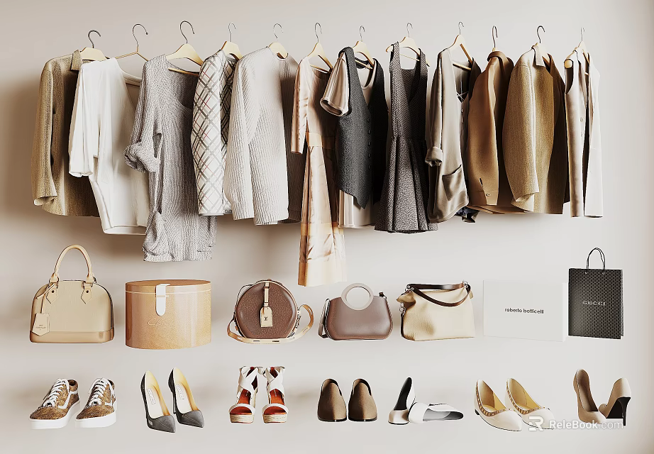 Fashionable Hanging Clothes with Matching Bags and Stylish Shoes on Wall Hooks 3d model 