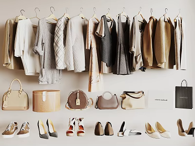 Fashionable Hanging Clothes with Matching Bags and Stylish Shoes on Wall Hooks 3d model