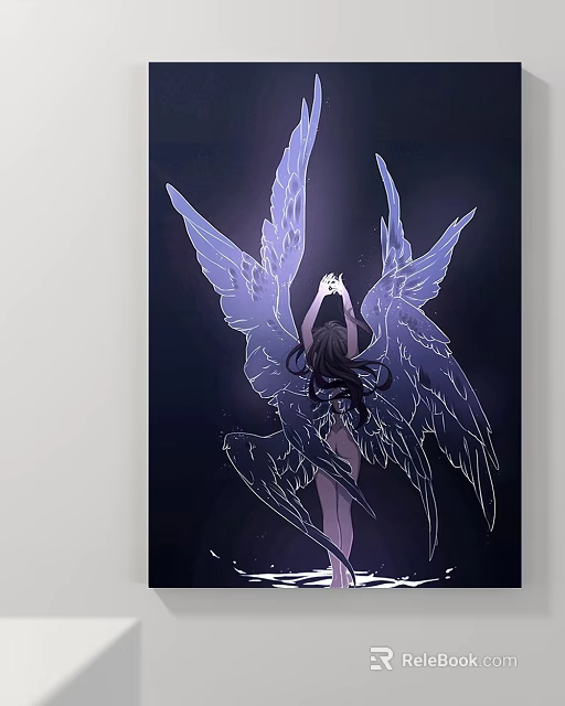 Abstract Painting Of Female Back With Purple Wings On Dark Starry Background 3d model 