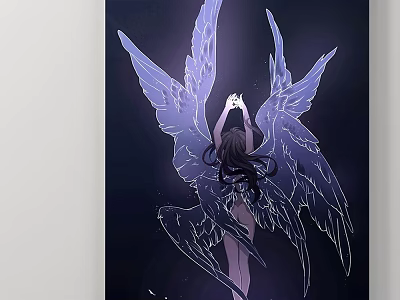 Abstract Painting Of Female Back With Purple Wings On Dark Starry Background 3d model