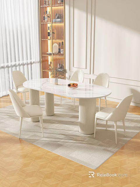 Modern Dining Table Set with Oval Marble Top and Six White Chairs 3d model