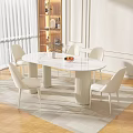 Modern Dining Table Set with Oval Marble Top and Six White Chairs 3d model