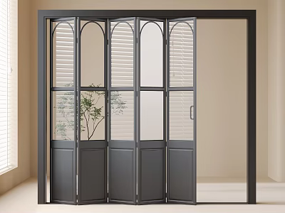 Modern Black Frame Folding Sliding Doors with Glass Panels Arched Design and Indoor Plant 3d model