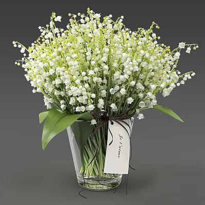 Transparent Vase With Lily of the Valley Flowers Brown Ribbon And Love Tag Decoration 3d model