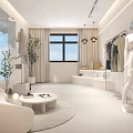 Clothing Store Interior With White Sofa Round Table Green Plant Wooden Doors And Display Shelves