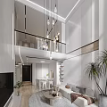 Modern Duplex Living Room Interior With High Ceiling Pendant Lights And Large Windows